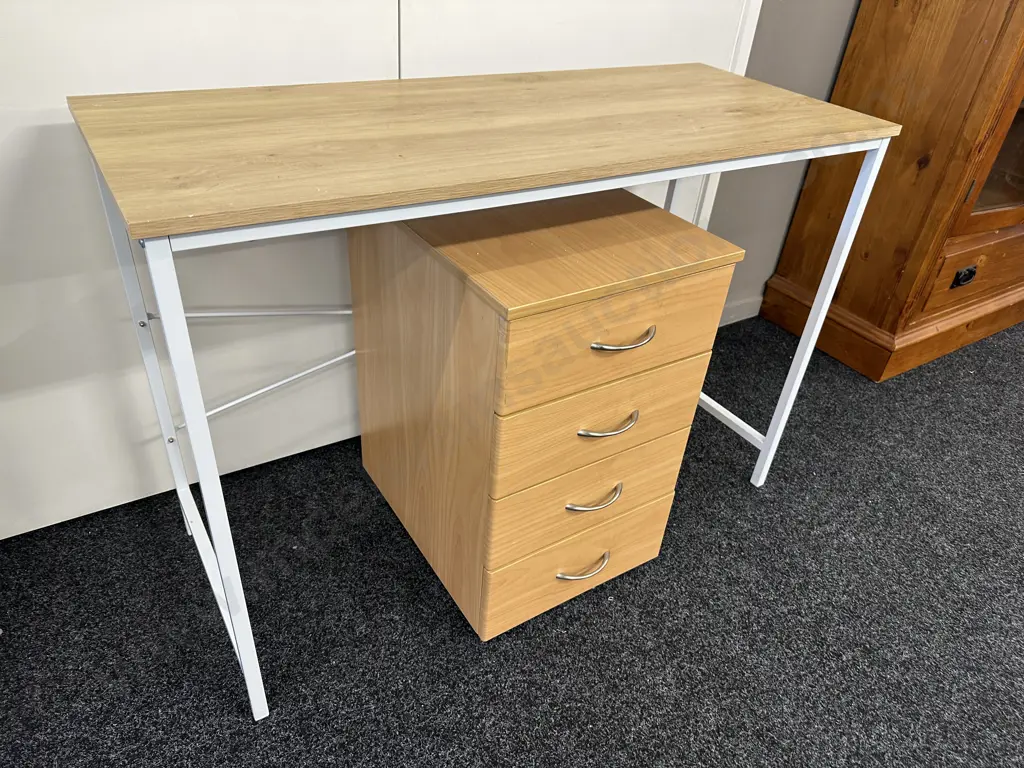 Wood Look Desk With White Steel Frame, H75 W110 D45cm, Tawa Effect 4 Drawer Storage Drawers Image 1++