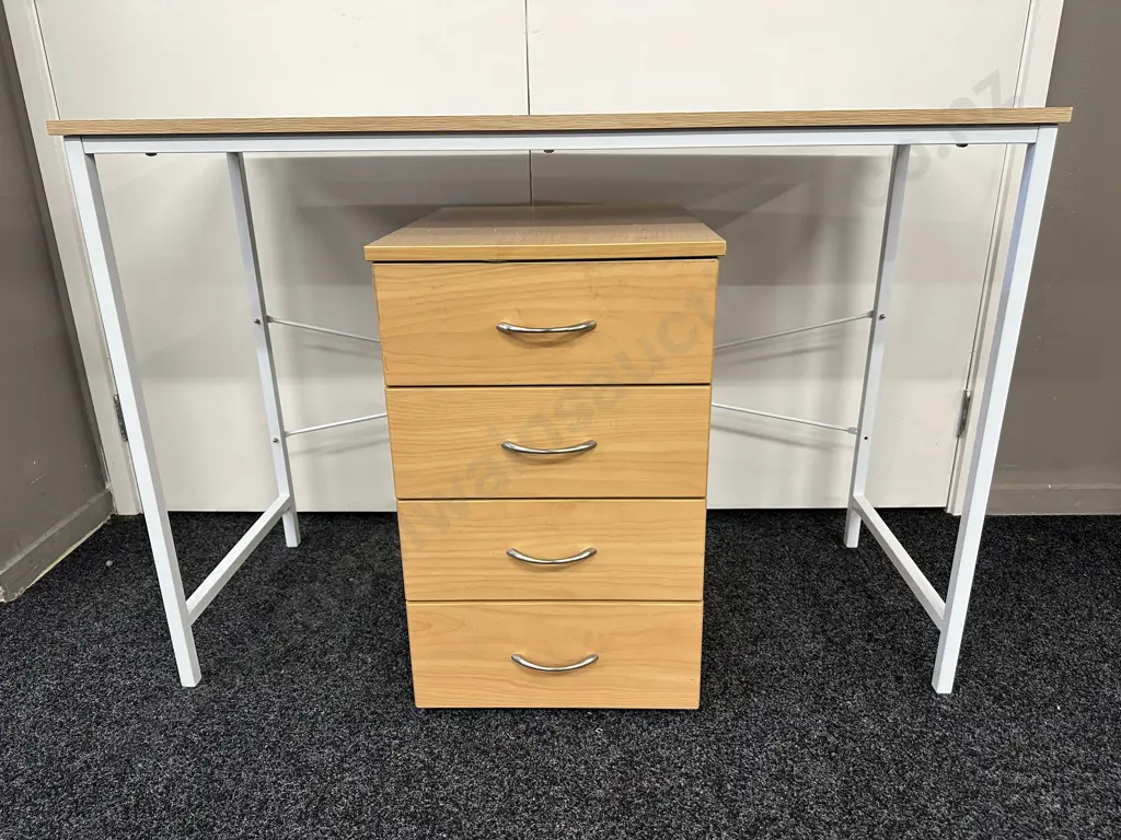 Wood Look Desk With White Steel Frame, H75 W110 D45cm, Tawa Effect 4 Drawer Storage Drawers Image 1++