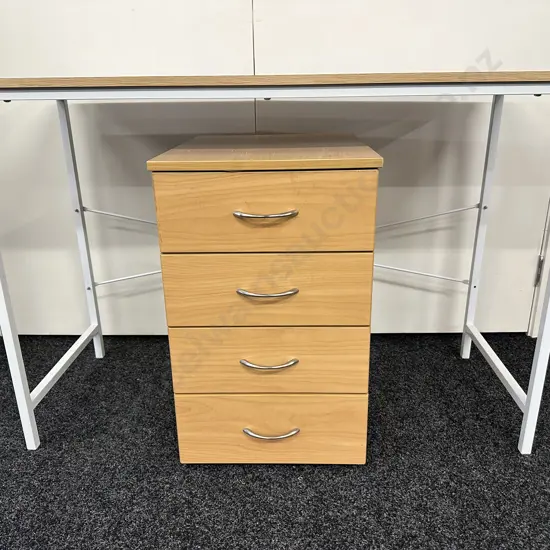 Wood Look Desk With White Steel Frame, H75 W110 D45cm, Tawa Effect 4 Drawer Storage Drawers