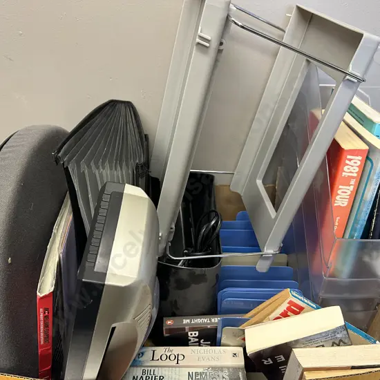 Stationary Items Including Laminator & Sleeves, Paper Shredder, Books Etc