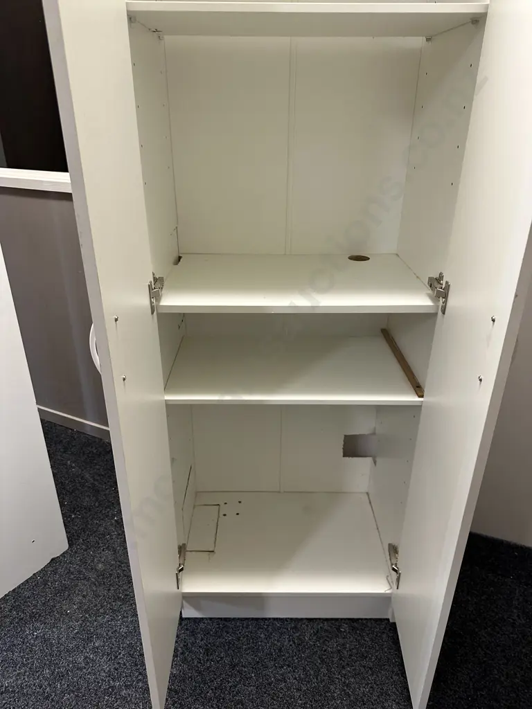 White Double Door Cupboard, Curved White Handles, 3 Shelves, H181 W60 D40cm (Rough Condition) Image 1++