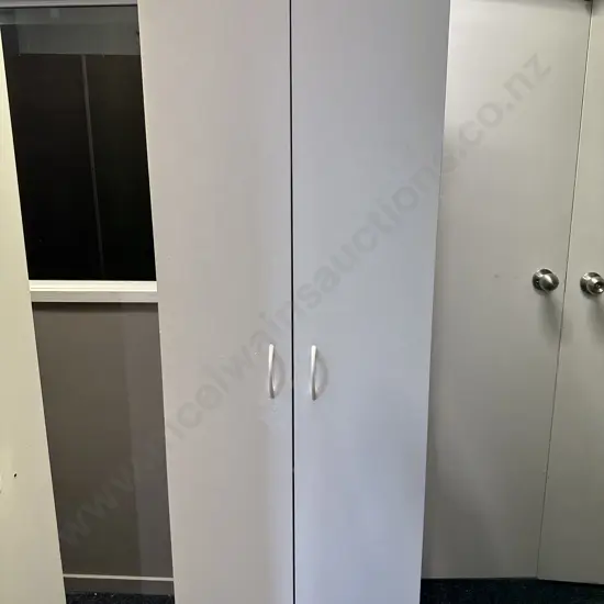 White Double Door Cupboard, Curved White Handles, 3 Shelves, H181 W60 D40cm (Rough Condition)