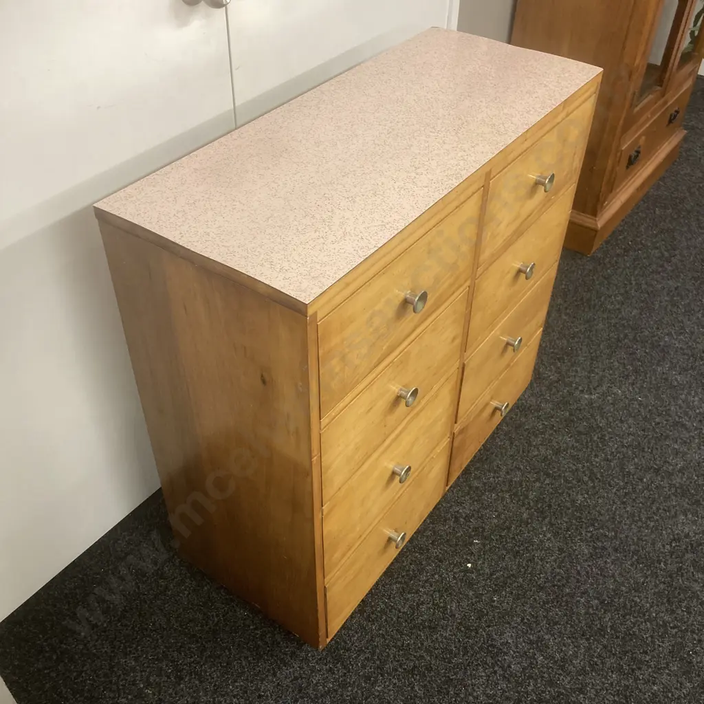 Vintage Rimu 8 Drawer Chest of Drawers With Formica Top, H88 W91.5 D38cm Image 1++