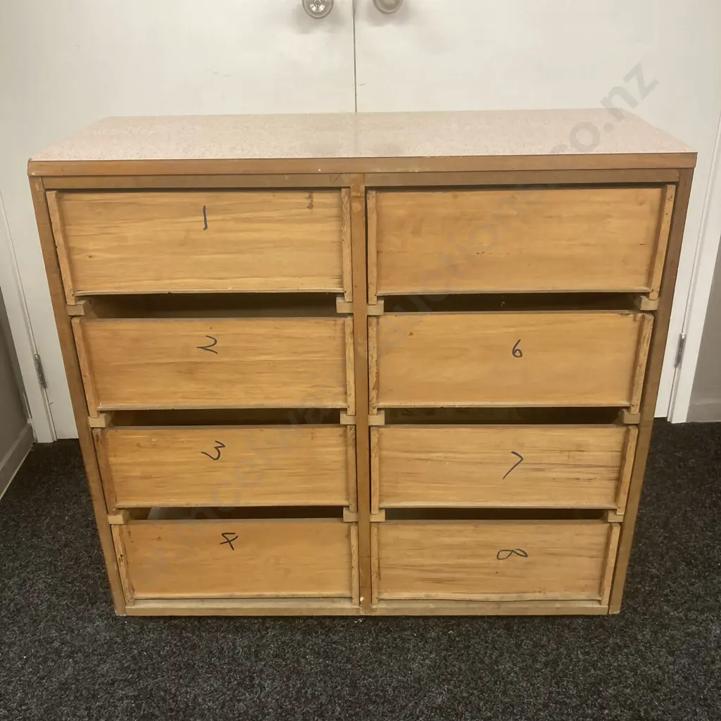 Vintage Rimu 8 Drawer Chest of Drawers With Formica Top, H88 W91.5 D38cm Image 1++