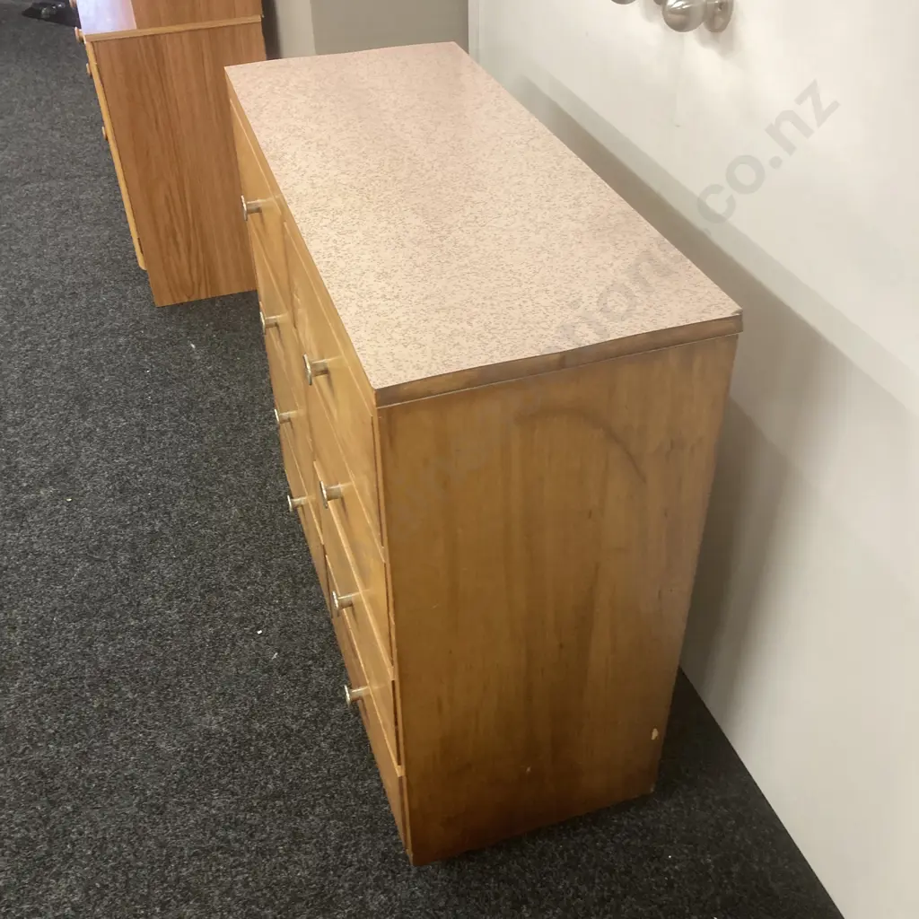Vintage Rimu 8 Drawer Chest of Drawers With Formica Top, H88 W91.5 D38cm Image 1++