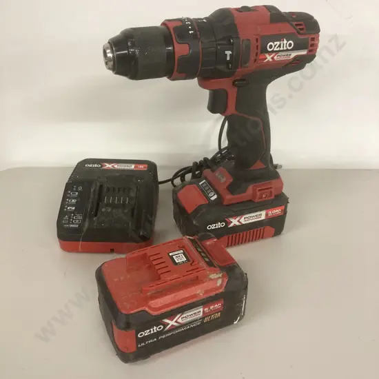 Ozito 18V Cordless Hammer Drill (PXHDS-180) With 3Ah & 5.2Ah Batteries & Charger
