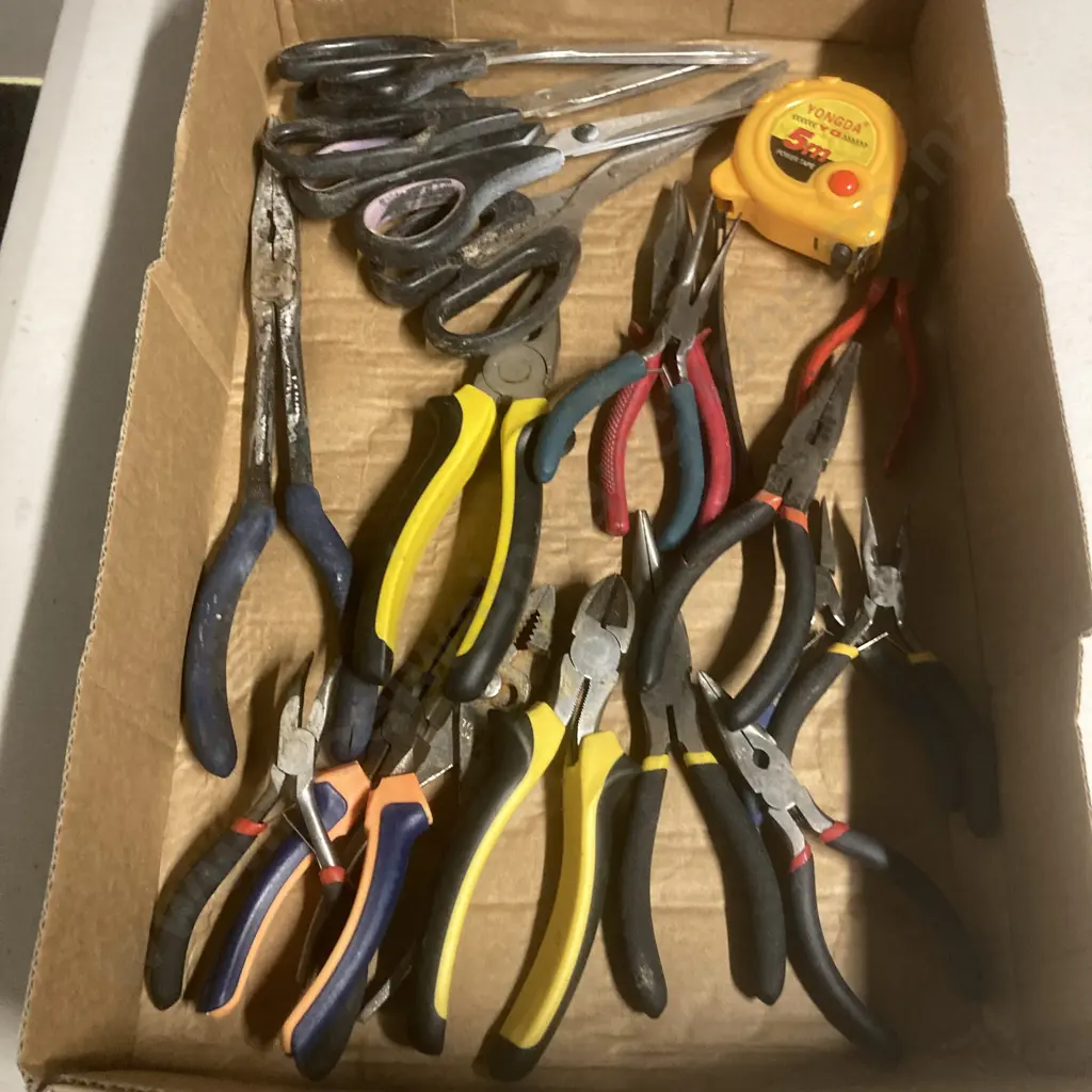 Box lot Pliers, Scissors & Tape Measure Image 1++