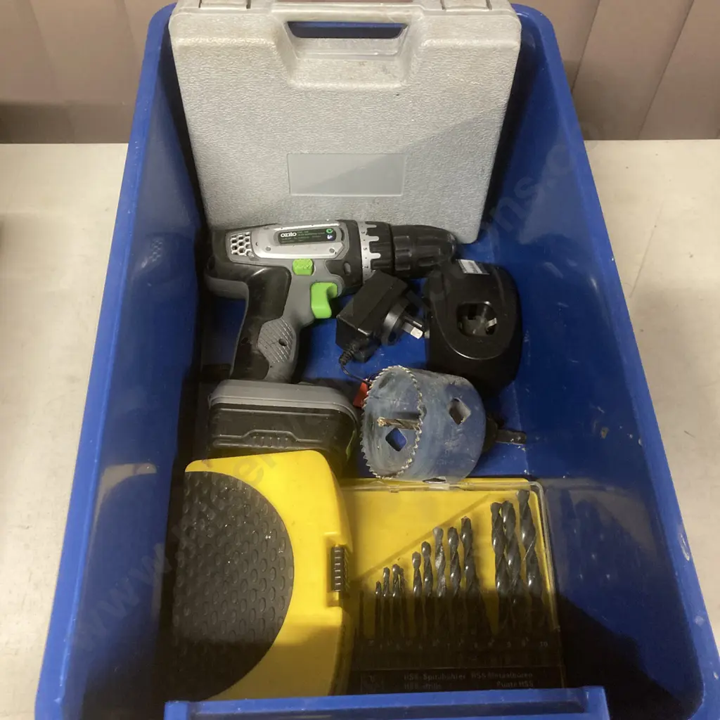 Bin of Ozito 14.4V Cordless Drill / Driver, Battery & Charger, Assorted Drill Bits Etc Image 1++