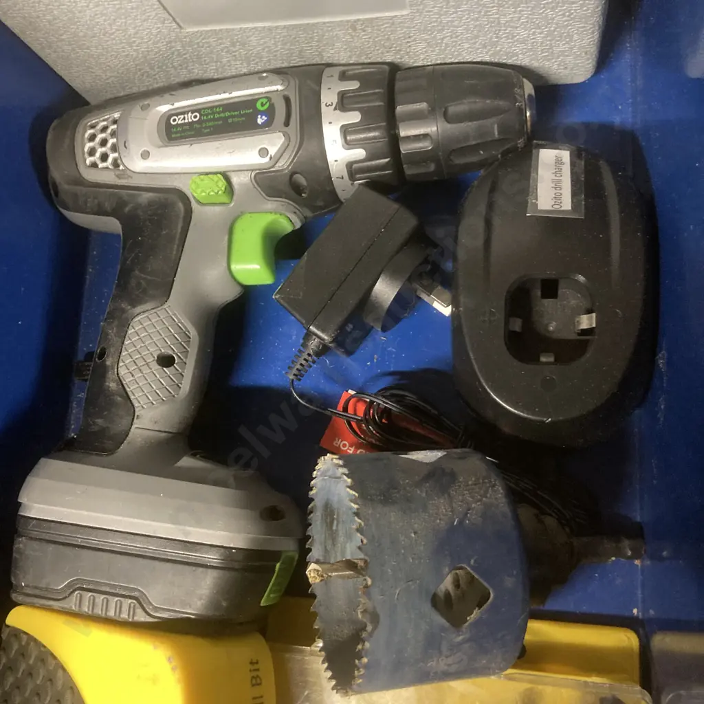 Bin of Ozito 14.4V Cordless Drill / Driver, Battery & Charger, Assorted Drill Bits Etc Image 1++