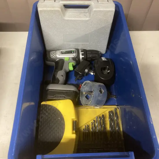 Bin of Ozito 14.4V Cordless Drill / Driver, Battery & Charger, Assorted Drill Bits Etc