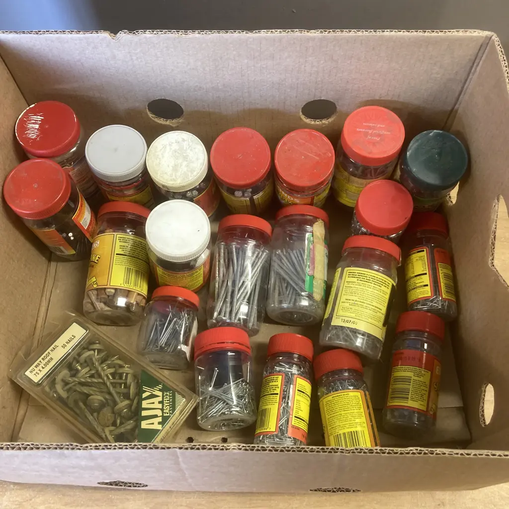 Box Lot Assorted Nails, Dowels Etc Image 1++