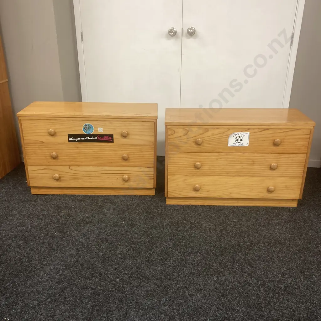 Pair of Pine 3 Drawer Lowboys, Varnish Finish, H59 W89.5 D35.5cm Image 1++