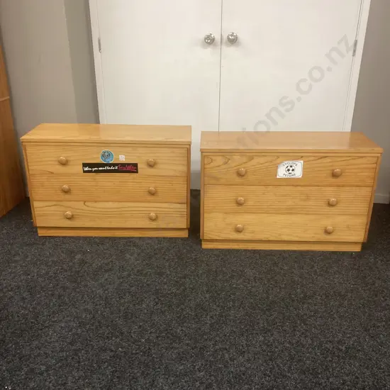 Pair of Pine 3 Drawer Lowboys, Varnish Finish, H59 W89.5 D35.5cm