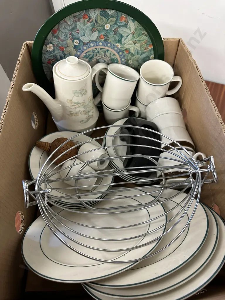 Box Lot Of Crockery, Wooden Decanter Etc Image 1++