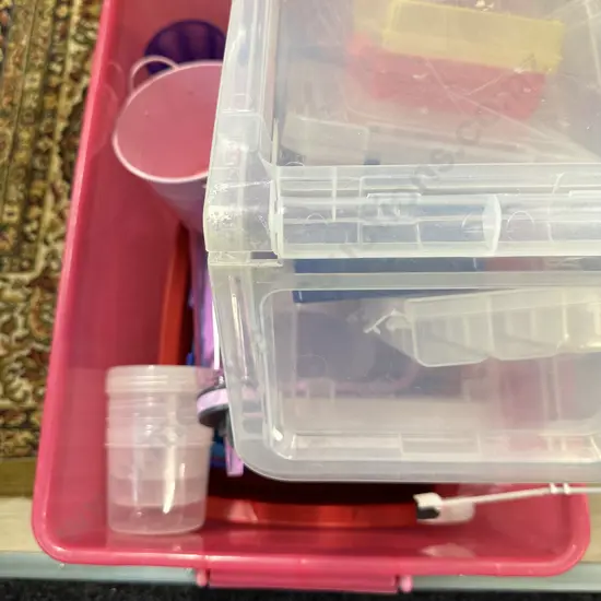 Assorted Plastic Ware In Pink Bin