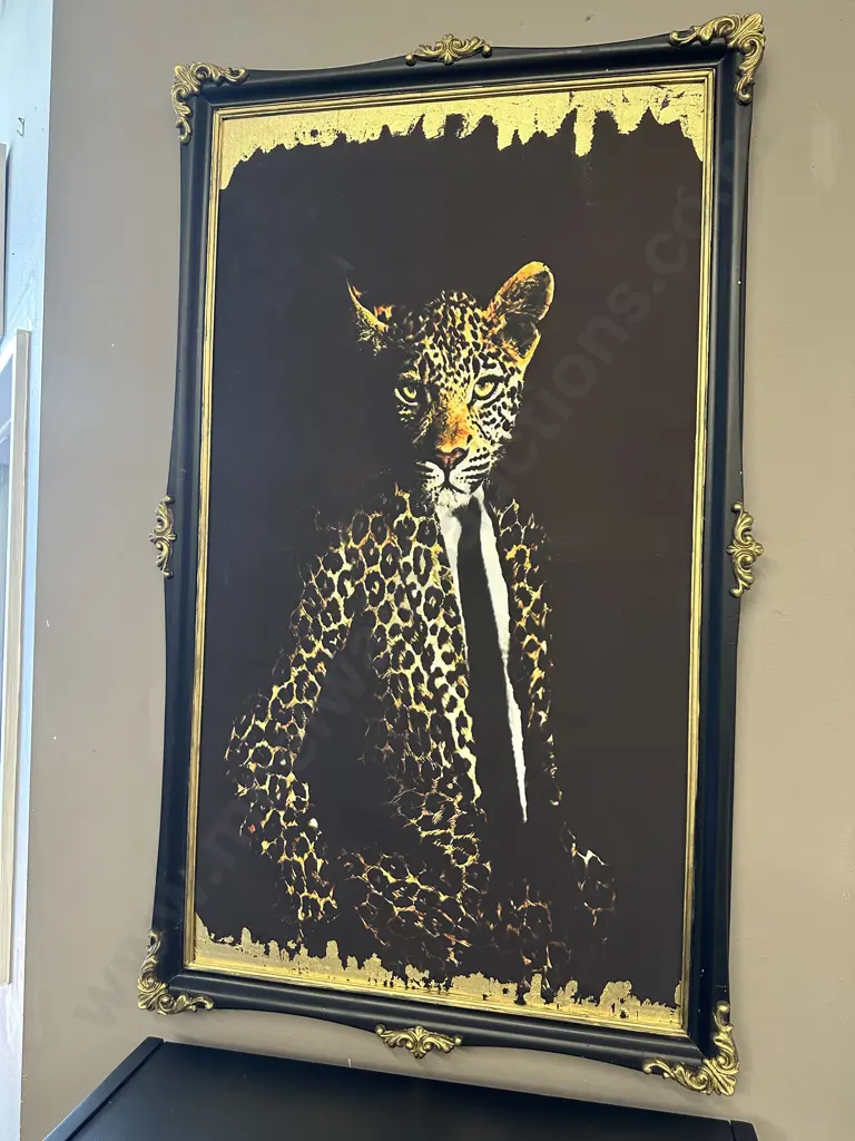 'Leopard In A Suit' In a Black Ornate Gilded Frame, 102 x 60cm Image 1++