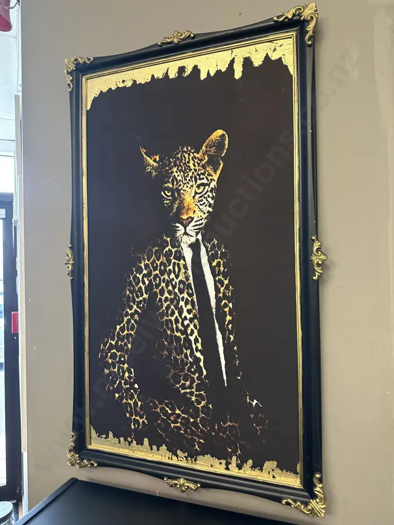 'Leopard In A Suit' In a Black Ornate Gilded Frame, 102 x 60cm Image 1++
