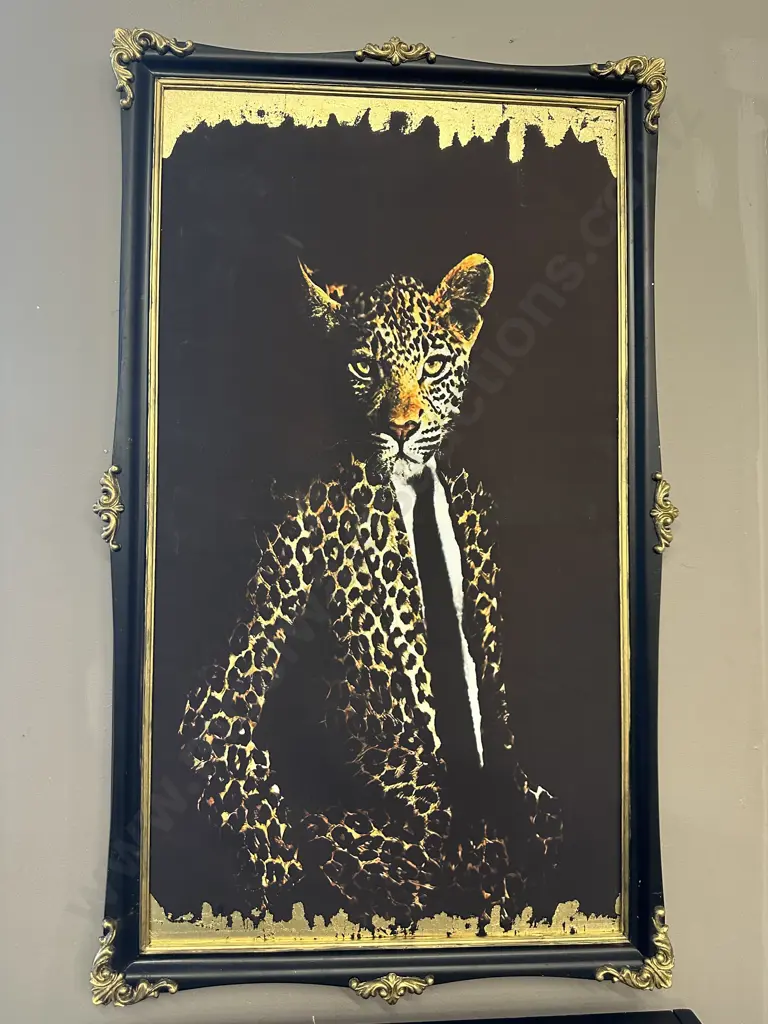 'Leopard In A Suit' In a Black Ornate Gilded Frame, 102 x 60cm Image 1++
