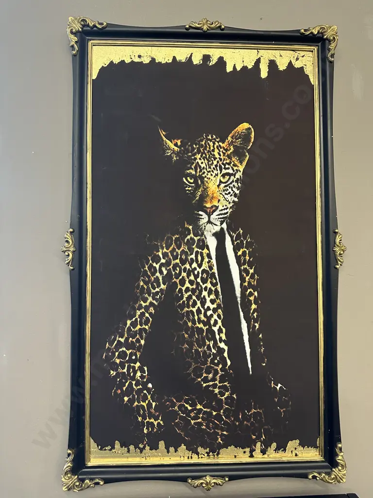 'Leopard In A Suit' In a Black Ornate Gilded Frame, 102 x 60cm Image 1++