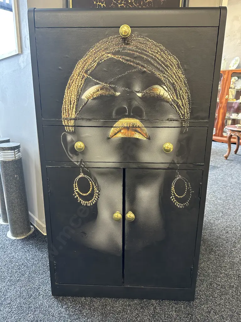 Vintage Wooden Drinks Cabinet, Painted Black With Decoupage Decoration, Brass Coloured Handles, H109 W60 D41cm Image 1++