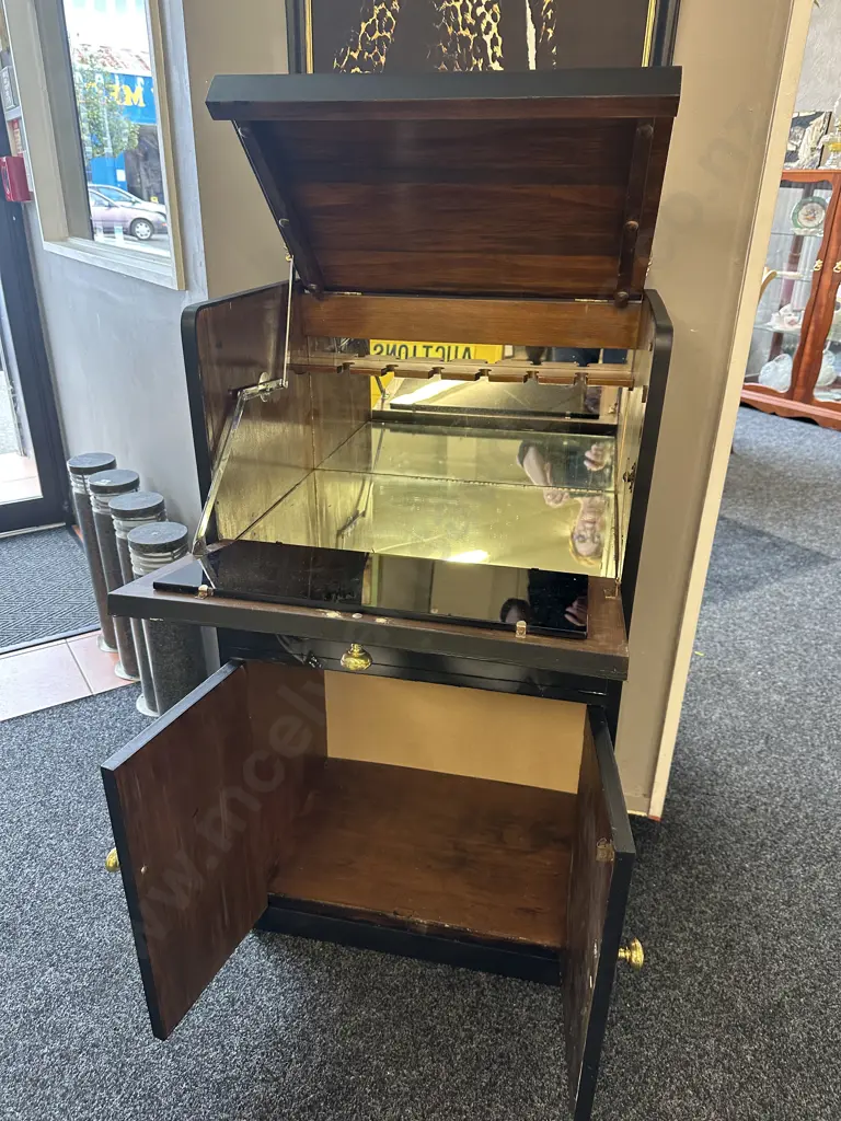 Vintage Wooden Drinks Cabinet, Painted Black With Decoupage Decoration, Brass Coloured Handles, H109 W60 D41cm Image 1++