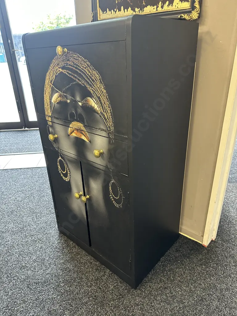 Vintage Wooden Drinks Cabinet, Painted Black With Decoupage Decoration, Brass Coloured Handles, H109 W60 D41cm Image 1++