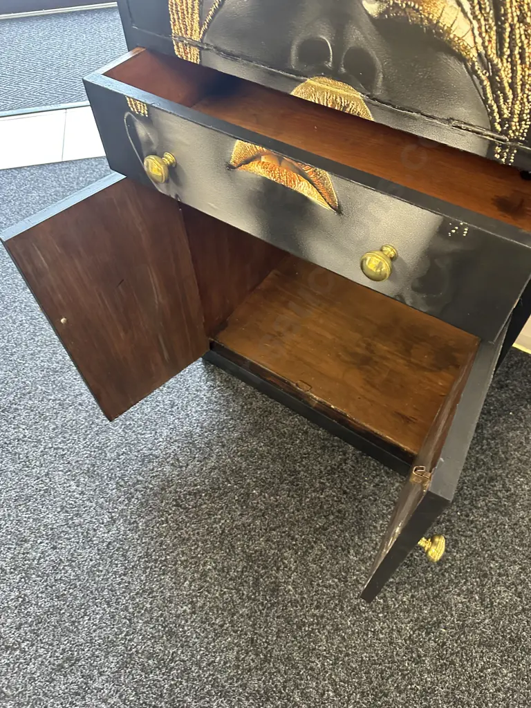 Vintage Wooden Drinks Cabinet, Painted Black With Decoupage Decoration, Brass Coloured Handles, H109 W60 D41cm Image 1++