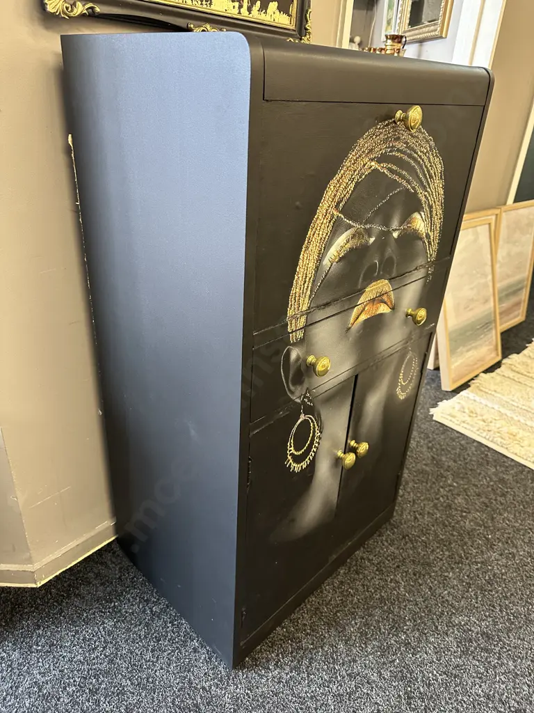 Vintage Wooden Drinks Cabinet, Painted Black With Decoupage Decoration, Brass Coloured Handles, H109 W60 D41cm Image 1++