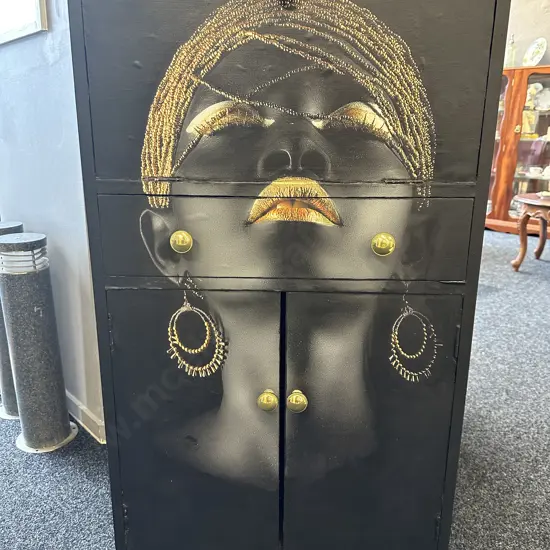 Vintage Wooden Drinks Cabinet, Painted Black With Decoupage Decoration, Brass Coloured Handles, H109 W60 D41cm