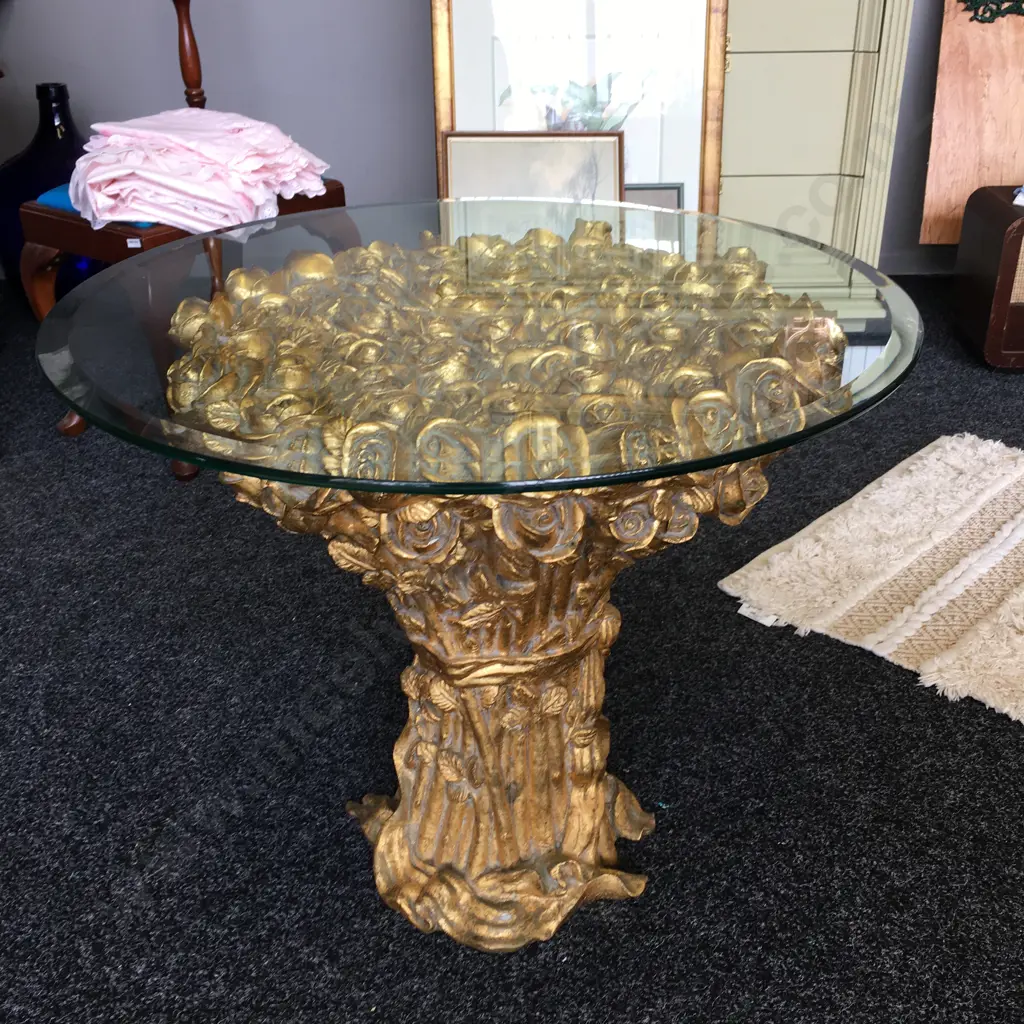 Gilded Ornate Rosebud Detail Occasional Table, Round With a Bevelled Glass Top 57 x 70cm Image 1++