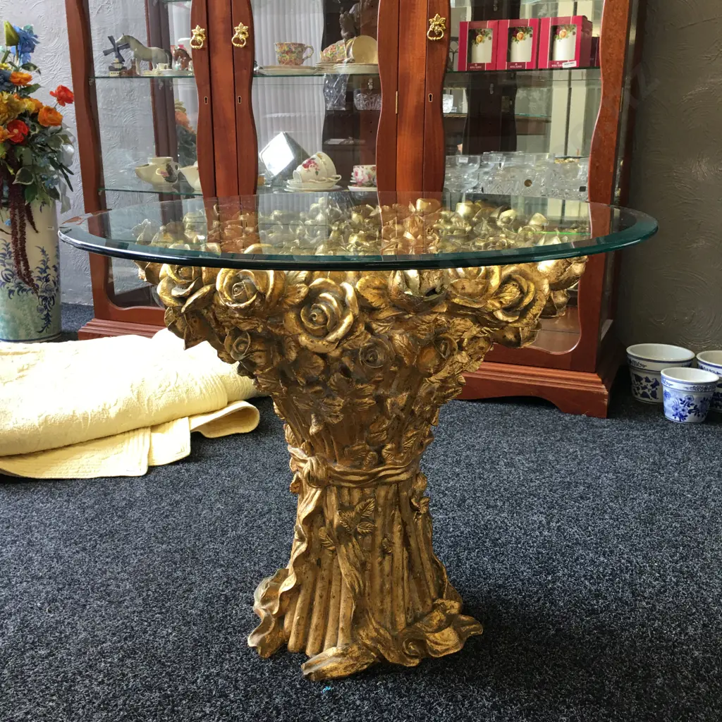 Gilded Ornate Rosebud Detail Occasional Table, Round With a Bevelled Glass Top 57 x 70cm Image 1++