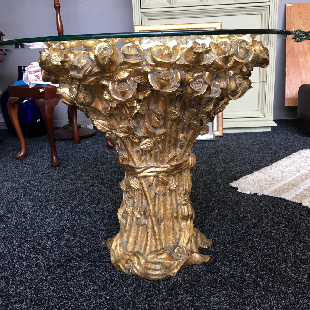 Gilded Ornate Rosebud Detail Occasional Table, Round With a Bevelled Glass Top 57 x 70cm Image 1++