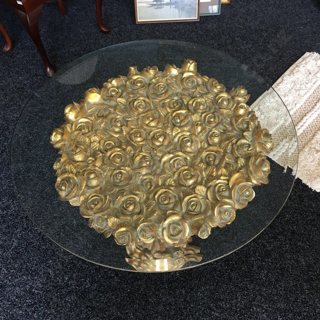 Gilded Ornate Rosebud Detail Occasional Table, Round With a Bevelled Glass Top 57 x 70cm Image 1++