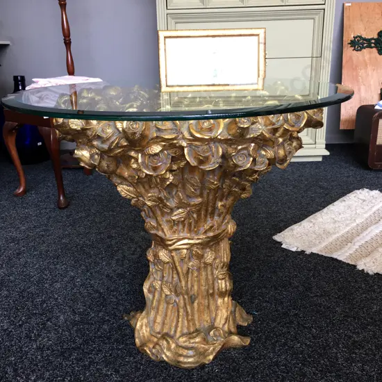 Gilded Ornate Rosebud Detail Occasional Table, Round With a Bevelled Glass Top 57 x 70cm