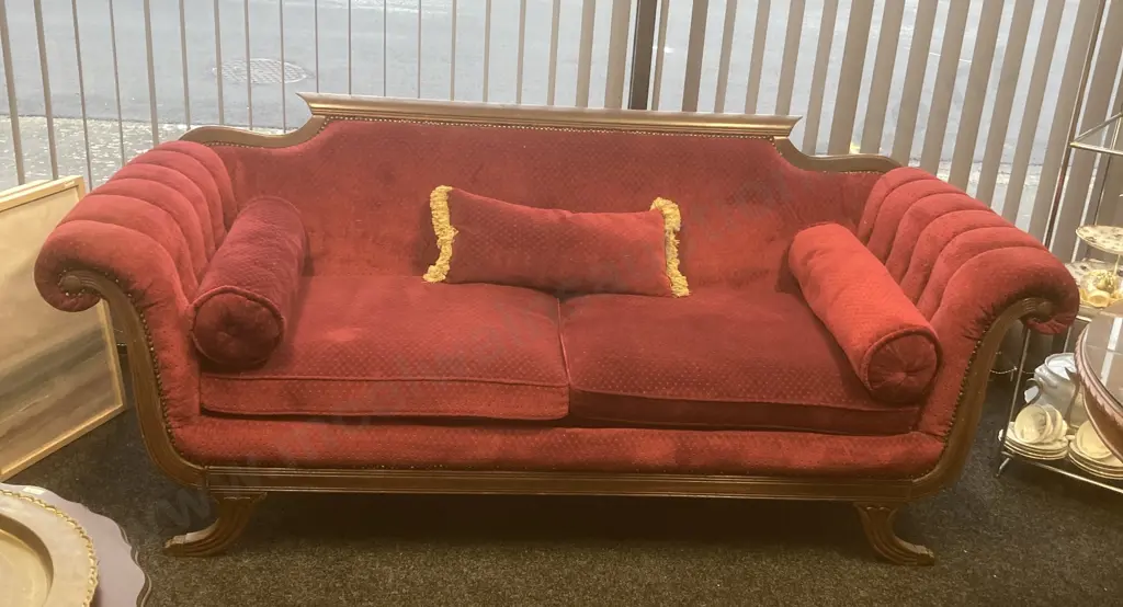 Antique Mahogany Federal Sofa, Exposed Mahogany Frame With Curved Arms, 4 Splayed Legs With Brass Pawfoot Caps, Burgundy Image 1++