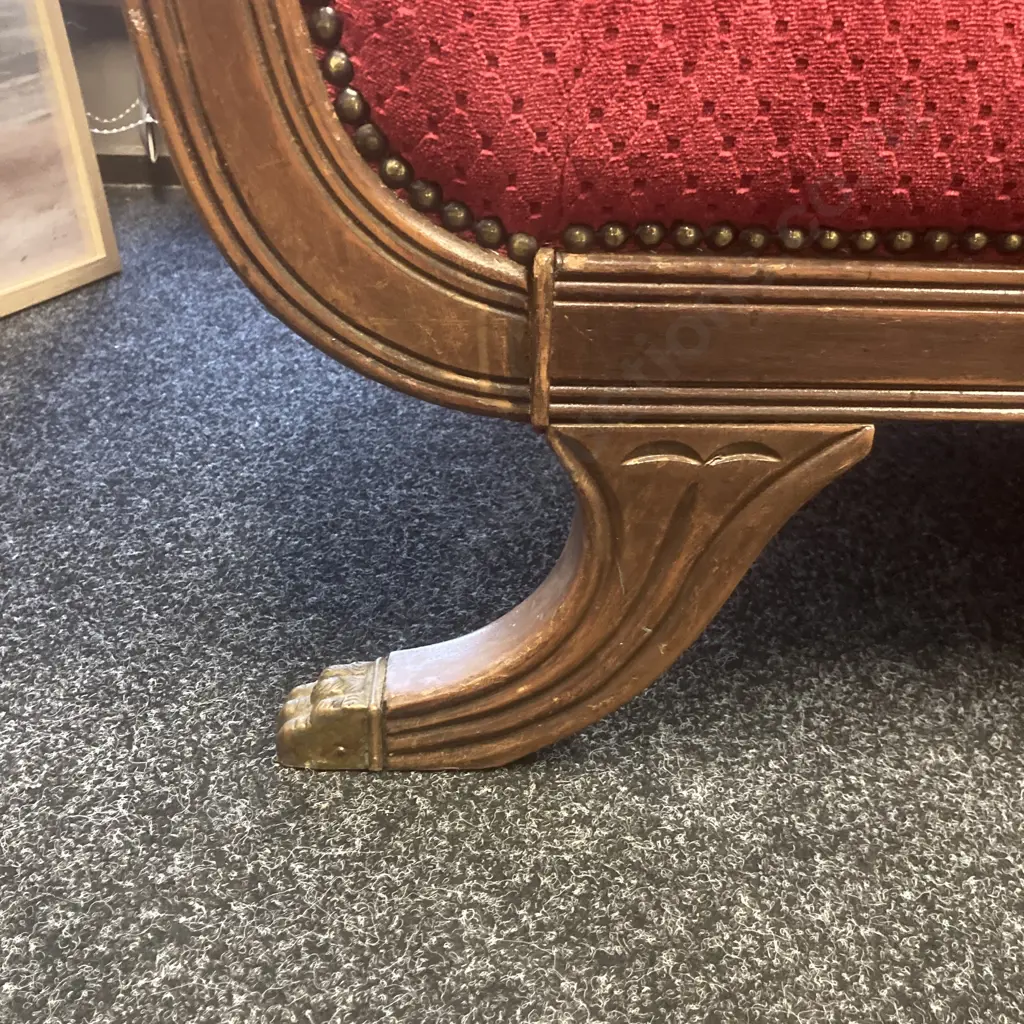 Antique Mahogany Federal Sofa, Exposed Mahogany Frame With Curved Arms, 4 Splayed Legs With Brass Pawfoot Caps, Burgundy Image 1++