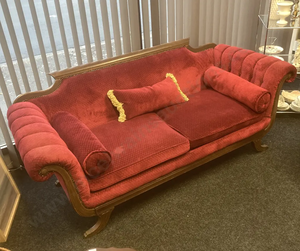 Antique Mahogany Federal Sofa, Exposed Mahogany Frame With Curved Arms, 4 Splayed Legs With Brass Pawfoot Caps, Burgundy Image 1++