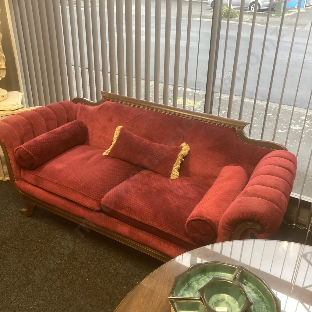 Antique Mahogany Federal Sofa, Exposed Mahogany Frame With Curved Arms, 4 Splayed Legs With Brass Pawfoot Caps, Burgundy Image 1++