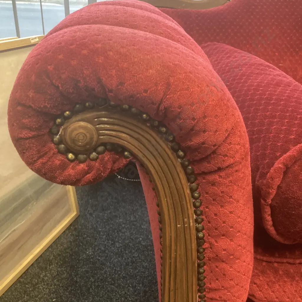 Antique Mahogany Federal Sofa, Exposed Mahogany Frame With Curved Arms, 4 Splayed Legs With Brass Pawfoot Caps, Burgundy Image 1++