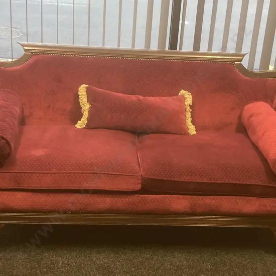 Antique Mahogany Federal Sofa, Exposed Mahogany Frame With Curved Arms, 4 Splayed Legs With Brass Pawfoot Caps, Burgundy