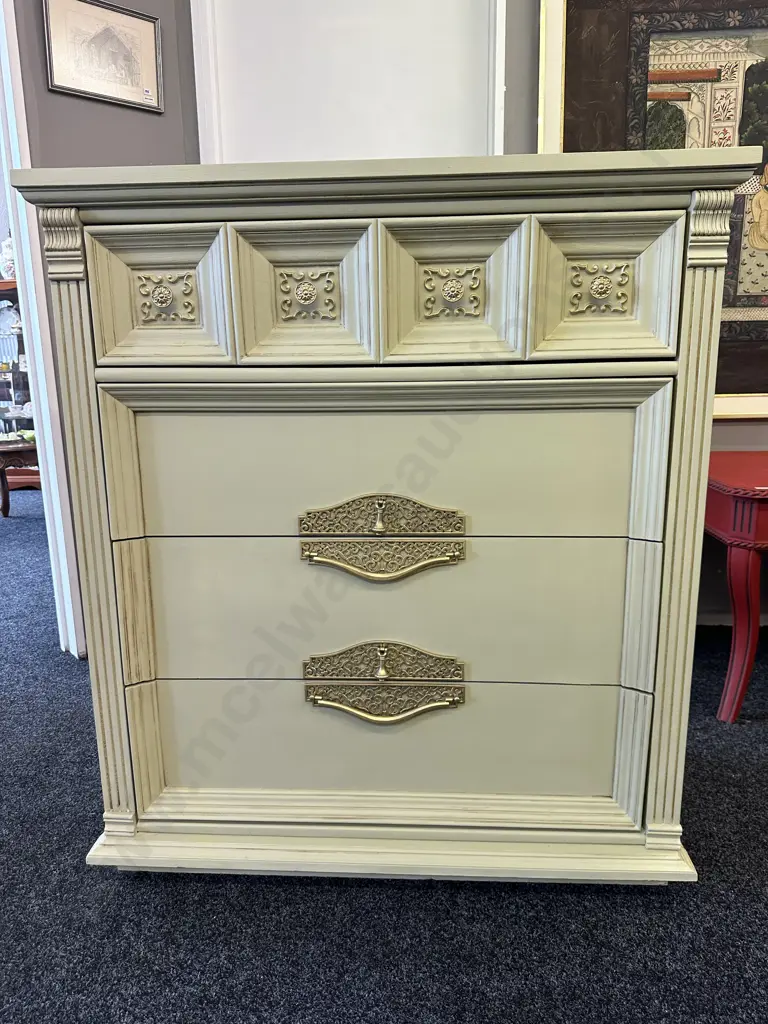 American Antique Scotch Chest, Gilt Detailed, Ornate Metal Handles, H110 W97 D48cm Image 1++