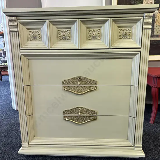 American Antique Scotch Chest, Gilt Detailed, Ornate Metal Handles, H110 W97 D48cm