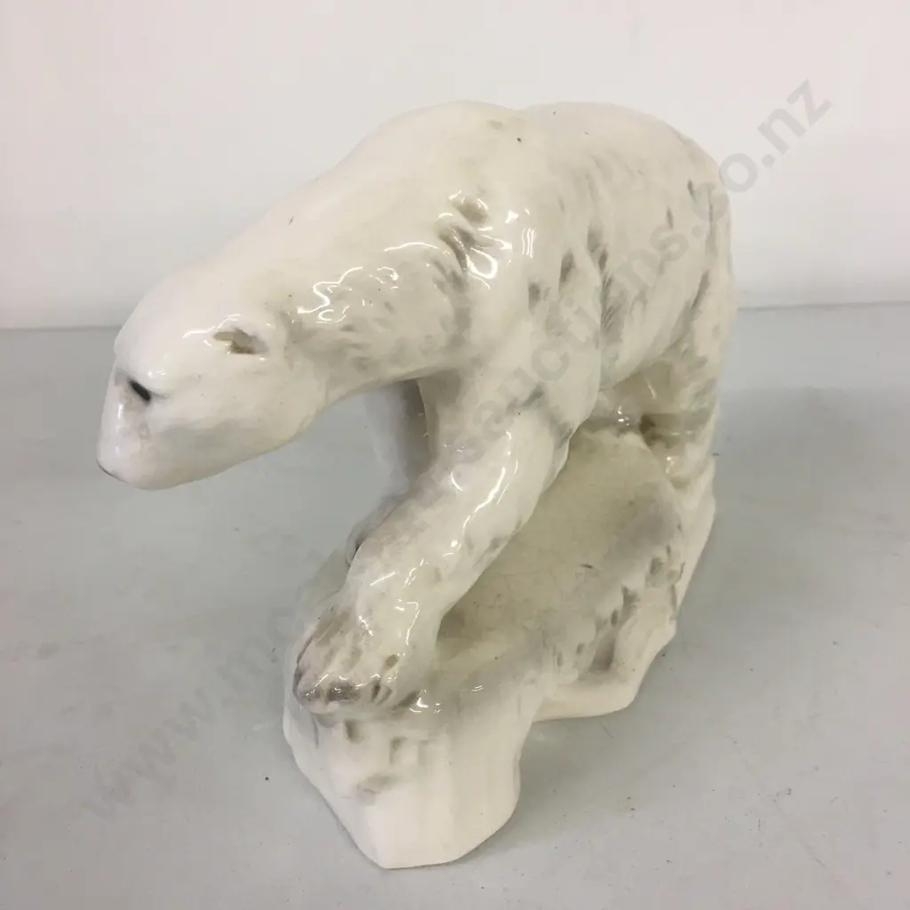 Antique Sitzendorf Porcelain Figurine White Polar Bear, c1920s, Blue Crown Stamp On Base, Crazed, 16 x 18cm Image 1++