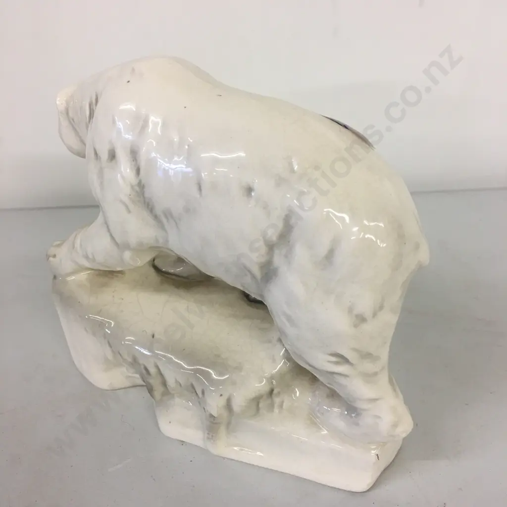 Antique Sitzendorf Porcelain Figurine White Polar Bear, c1920s, Blue Crown Stamp On Base, Crazed, 16 x 18cm Image 1++