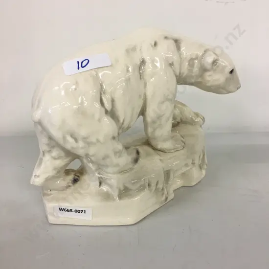 Antique Sitzendorf Porcelain Figurine White Polar Bear, c1920s, Blue Crown Stamp On Base, Crazed, 16 x 18cm