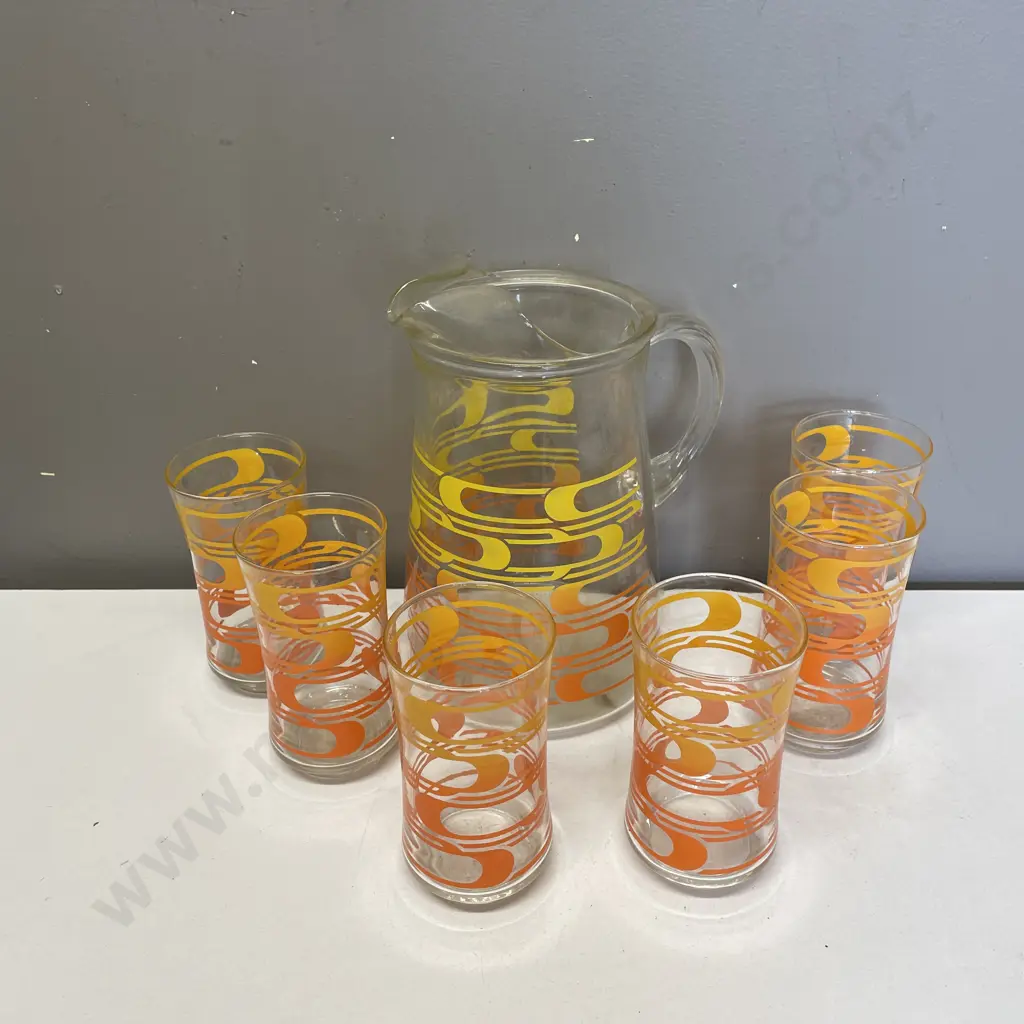 Mid Century 7 Piece Water Jug set. Yellow orange decoration Image 1++