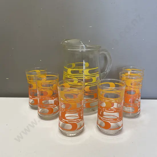 Mid Century 7 Piece Water Jug set. Yellow orange decoration