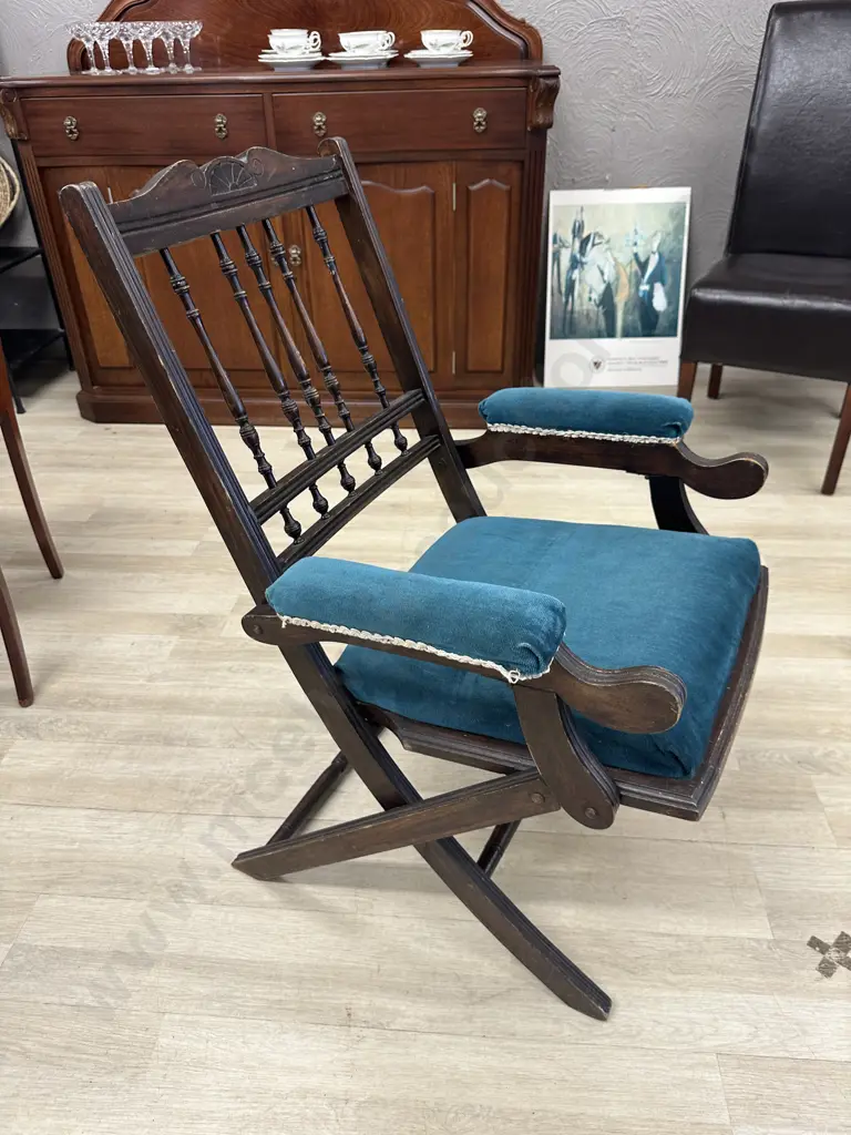 Antique Campaign Chair, Blue Draylon Fabric, Some Borer Holes Evident Image 1++