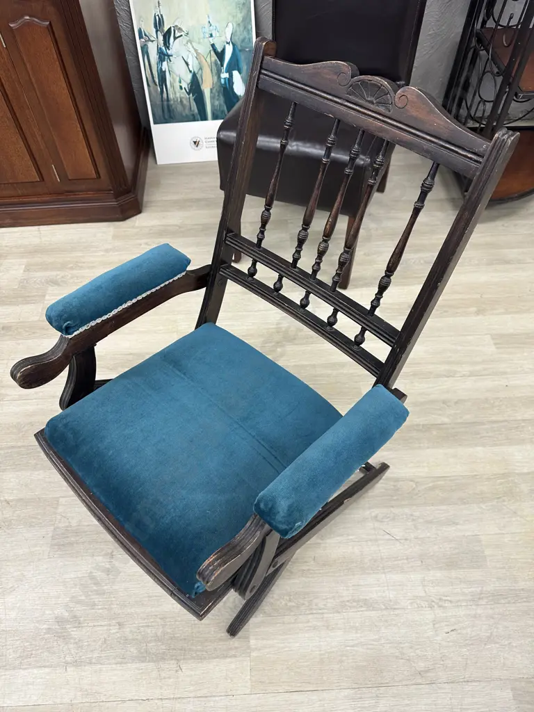 Antique Campaign Chair, Blue Draylon Fabric, Some Borer Holes Evident Image 1++