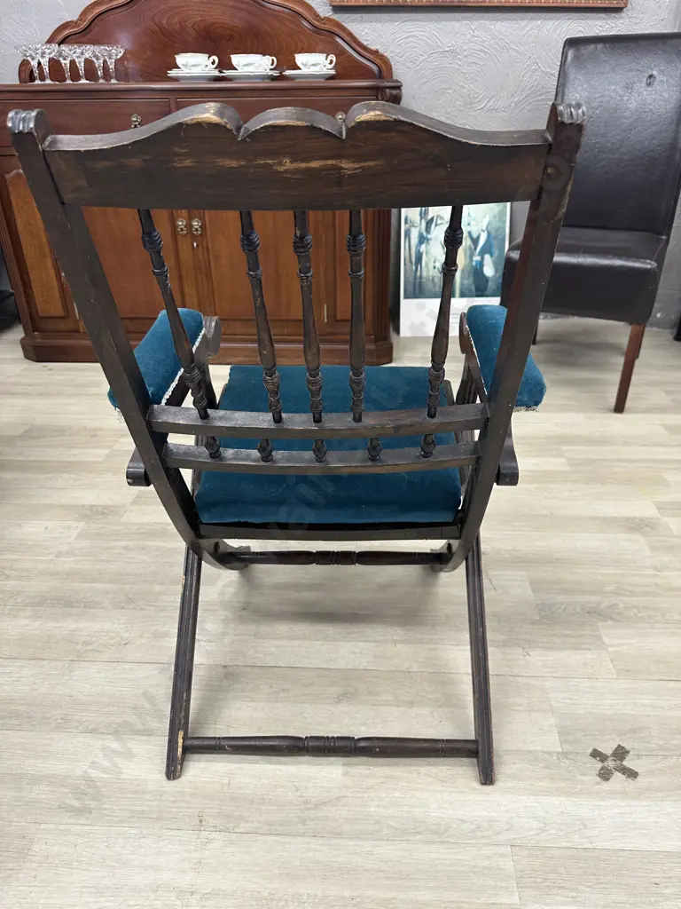 Antique Campaign Chair, Blue Draylon Fabric, Some Borer Holes Evident Image 1++